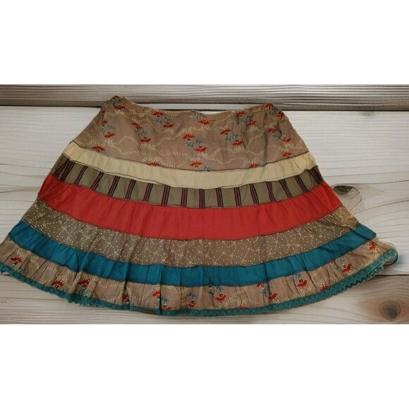 Venezia Skirt Size 26/28 Green Floral Tiered Patchwork Pull String Small Bells - Picture 5 of 6